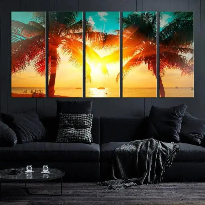 On the wall, there is a gallery-wrapped Sunset on Tropical Beach Wall Art Canvas Print featuring a museum-quality canvas with a UV-protective coating.