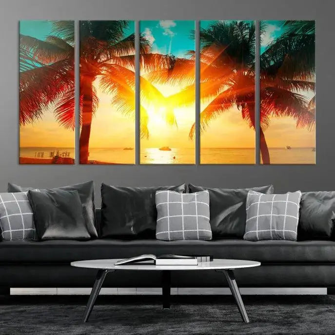 On the wall, there is a gallery-wrapped Sunset on Tropical Beach Wall Art Canvas Print featuring a museum-quality canvas with a UV-protective coating.