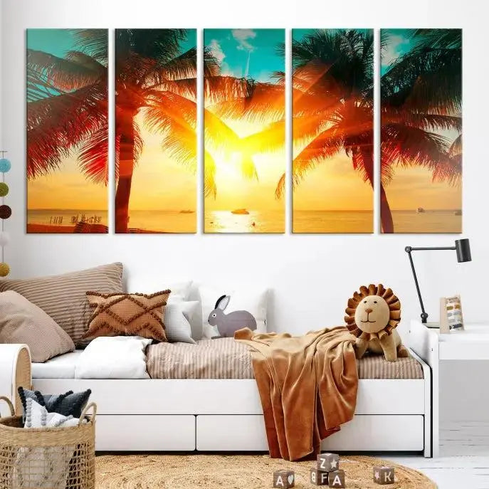 On the wall, there is a gallery-wrapped Sunset on Tropical Beach Wall Art Canvas Print featuring a museum-quality canvas with a UV-protective coating.