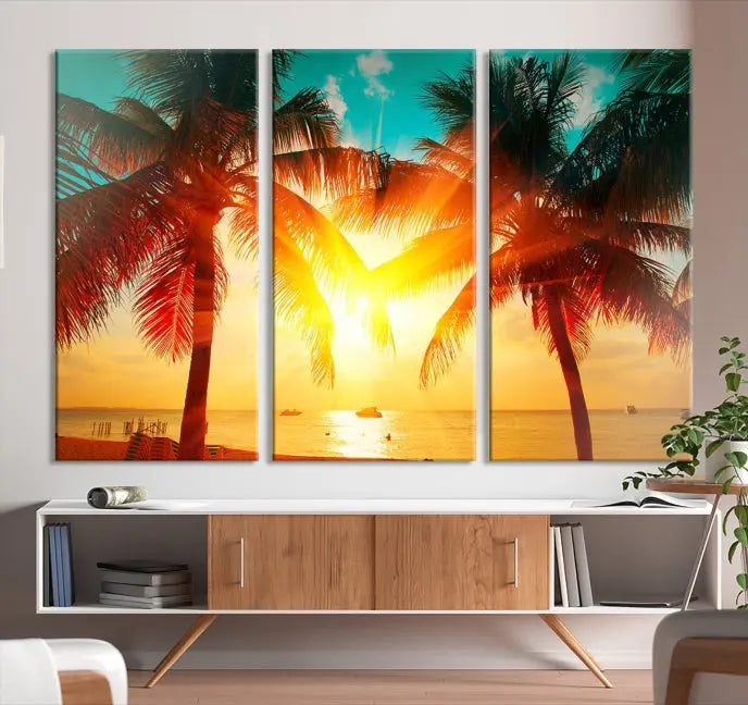 On the wall, there is a gallery-wrapped Sunset on Tropical Beach Wall Art Canvas Print featuring a museum-quality canvas with a UV-protective coating.