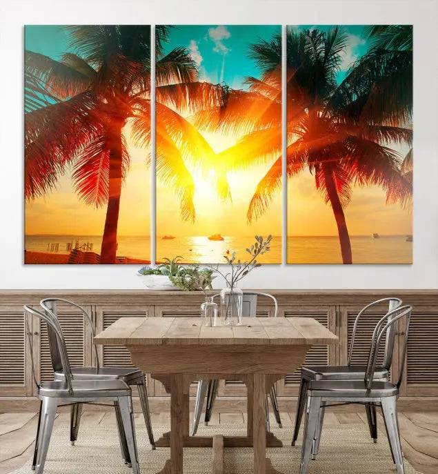 On the wall, there is a gallery-wrapped Sunset on Tropical Beach Wall Art Canvas Print featuring a museum-quality canvas with a UV-protective coating.