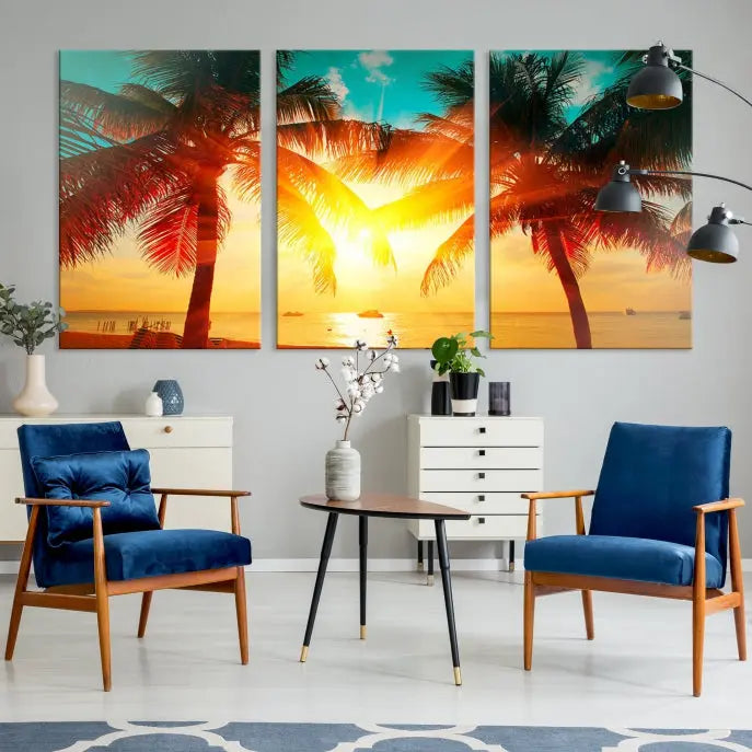 On the wall, there is a gallery-wrapped Sunset on Tropical Beach Wall Art Canvas Print featuring a museum-quality canvas with a UV-protective coating.