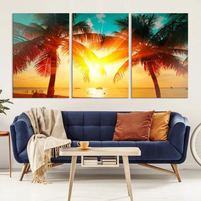 On the wall, there is a gallery-wrapped Sunset on Tropical Beach Wall Art Canvas Print featuring a museum-quality canvas with a UV-protective coating.