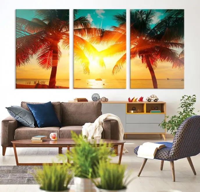 On the wall, there is a gallery-wrapped Sunset on Tropical Beach Wall Art Canvas Print featuring a museum-quality canvas with a UV-protective coating.