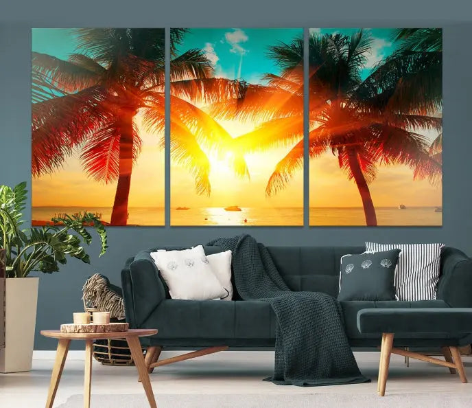 On the wall, there is a gallery-wrapped Sunset on Tropical Beach Wall Art Canvas Print featuring a museum-quality canvas with a UV-protective coating.