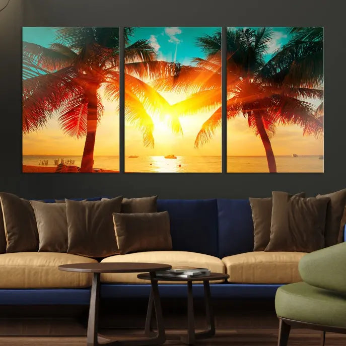 On the wall, there is a gallery-wrapped Sunset on Tropical Beach Wall Art Canvas Print featuring a museum-quality canvas with a UV-protective coating.