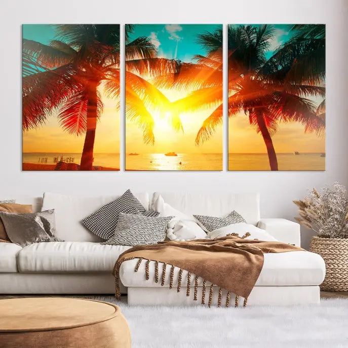 On the wall, there is a gallery-wrapped Sunset on Tropical Beach Wall Art Canvas Print featuring a museum-quality canvas with a UV-protective coating.