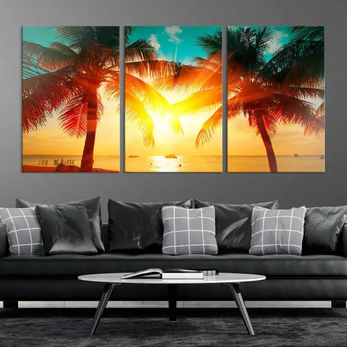 On the wall, there is a gallery-wrapped Sunset on Tropical Beach Wall Art Canvas Print featuring a museum-quality canvas with a UV-protective coating.