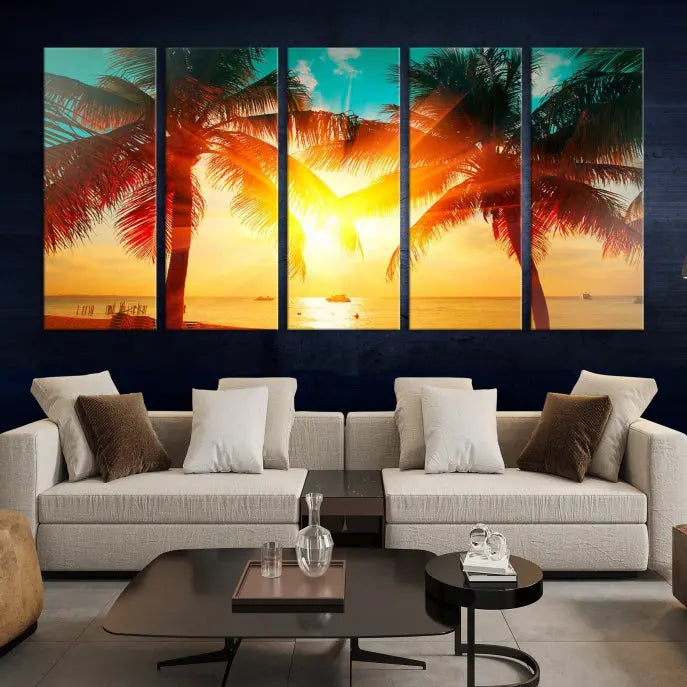 On the wall, there is a gallery-wrapped Sunset on Tropical Beach Wall Art Canvas Print featuring a museum-quality canvas with a UV-protective coating.