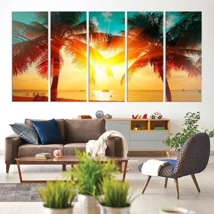 On the wall, there is a gallery-wrapped Sunset on Tropical Beach Wall Art Canvas Print featuring a museum-quality canvas with a UV-protective coating.