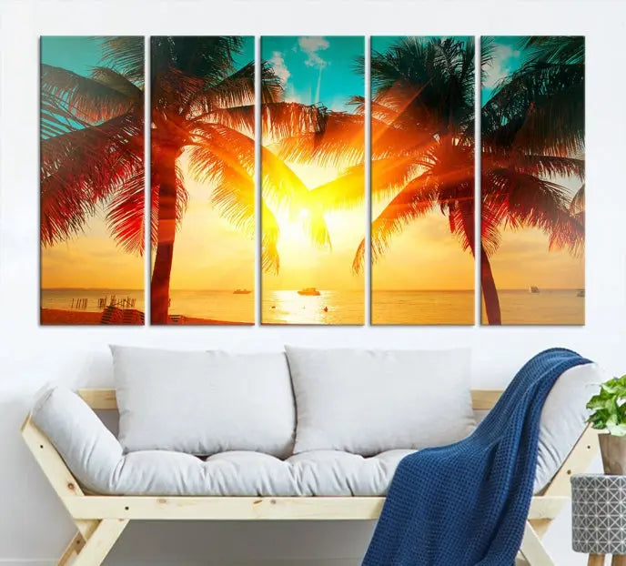 On the wall, there is a gallery-wrapped Sunset on Tropical Beach Wall Art Canvas Print featuring a museum-quality canvas with a UV-protective coating.