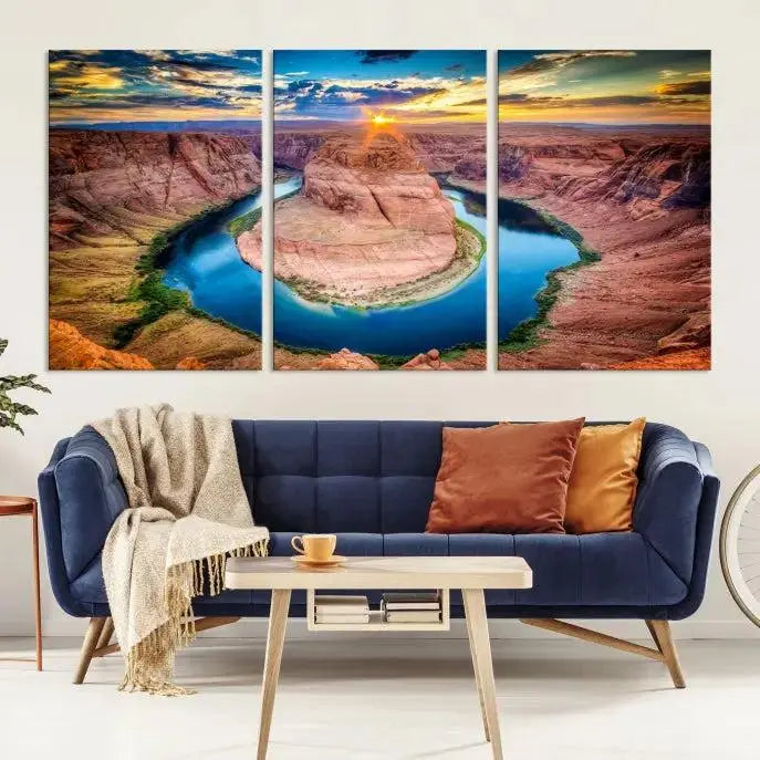 The living room showcases a triptych wall art titled "Sunset on the Horseshoe Bend Grand Canyon National Park," printed on museum-quality canvas. The gallery-wrapped artwork offers a sleek appearance.