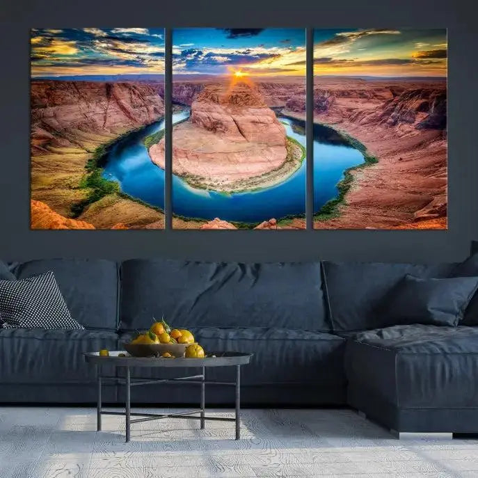 The living room showcases a triptych wall art titled "Sunset on the Horseshoe Bend Grand Canyon National Park," printed on museum-quality canvas. The gallery-wrapped artwork offers a sleek appearance.