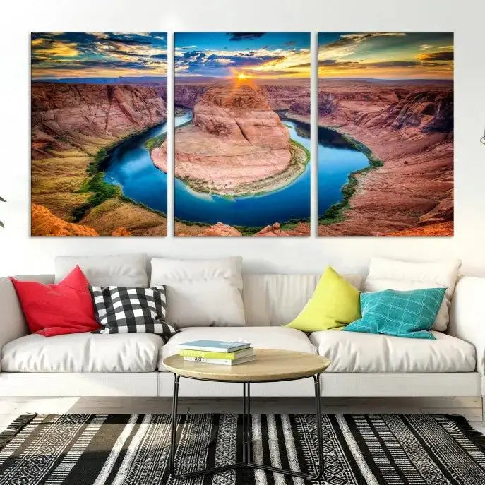 The living room showcases a triptych wall art titled "Sunset on the Horseshoe Bend Grand Canyon National Park," printed on museum-quality canvas. The gallery-wrapped artwork offers a sleek appearance.