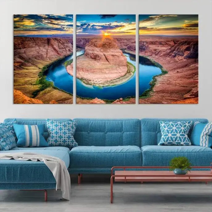 The living room showcases a triptych wall art titled "Sunset on the Horseshoe Bend Grand Canyon National Park," printed on museum-quality canvas. The gallery-wrapped artwork offers a sleek appearance.