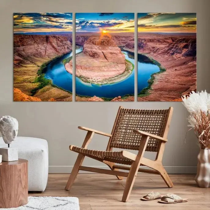 The living room showcases a triptych wall art titled "Sunset on the Horseshoe Bend Grand Canyon National Park," printed on museum-quality canvas. The gallery-wrapped artwork offers a sleek appearance.