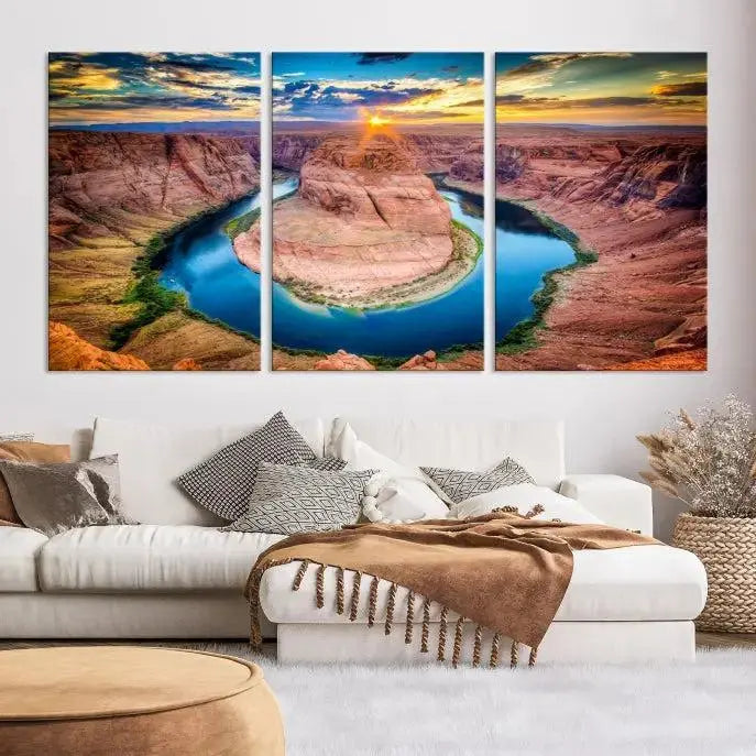 The living room showcases a triptych wall art titled "Sunset on the Horseshoe Bend Grand Canyon National Park," printed on museum-quality canvas. The gallery-wrapped artwork offers a sleek appearance.