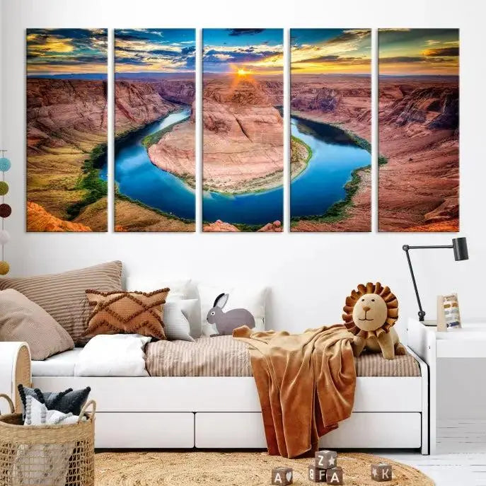 The living room showcases a triptych wall art titled "Sunset on the Horseshoe Bend Grand Canyon National Park," printed on museum-quality canvas. The gallery-wrapped artwork offers a sleek appearance.