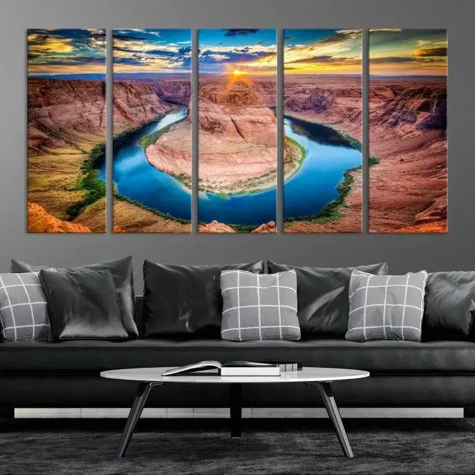 The living room showcases a triptych wall art titled "Sunset on the Horseshoe Bend Grand Canyon National Park," printed on museum-quality canvas. The gallery-wrapped artwork offers a sleek appearance.