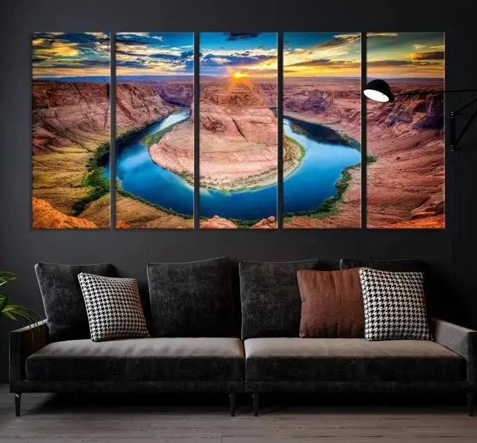 The living room showcases a triptych wall art titled "Sunset on the Horseshoe Bend Grand Canyon National Park," printed on museum-quality canvas. The gallery-wrapped artwork offers a sleek appearance.