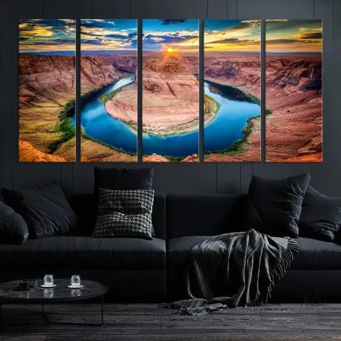 The living room showcases a triptych wall art titled "Sunset on the Horseshoe Bend Grand Canyon National Park," printed on museum-quality canvas. The gallery-wrapped artwork offers a sleek appearance.