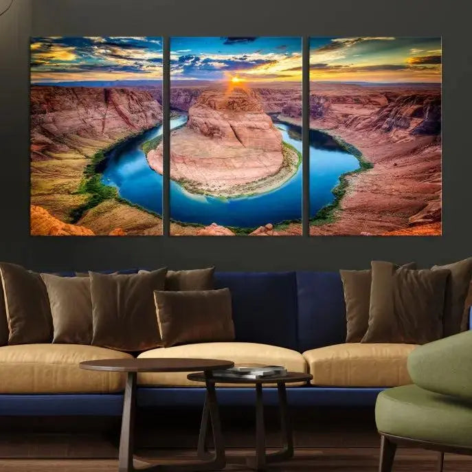 The living room showcases a triptych wall art titled "Sunset on the Horseshoe Bend Grand Canyon National Park," printed on museum-quality canvas. The gallery-wrapped artwork offers a sleek appearance.