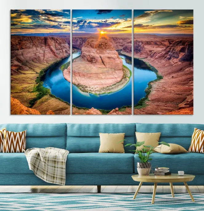 The living room showcases a triptych wall art titled "Sunset on the Horseshoe Bend Grand Canyon National Park," printed on museum-quality canvas. The gallery-wrapped artwork offers a sleek appearance.