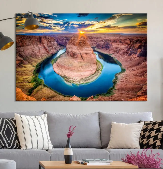 The living room showcases a triptych wall art titled "Sunset on the Horseshoe Bend Grand Canyon National Park," printed on museum-quality canvas. The gallery-wrapped artwork offers a sleek appearance.