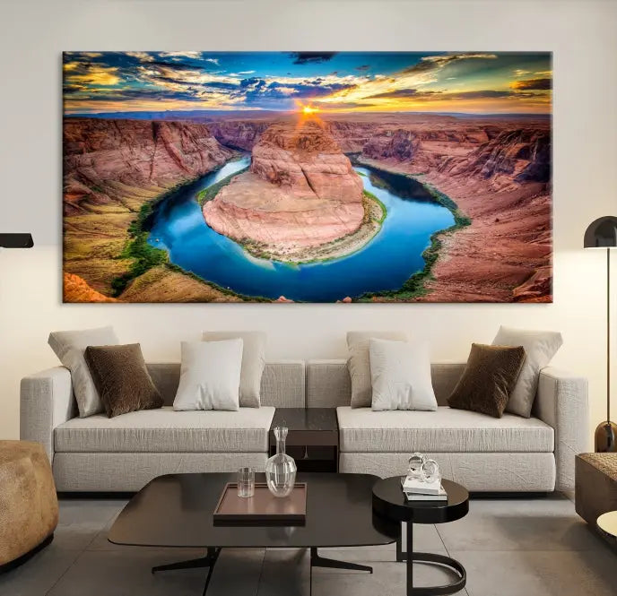 The living room showcases a triptych wall art titled "Sunset on the Horseshoe Bend Grand Canyon National Park," printed on museum-quality canvas. The gallery-wrapped artwork offers a sleek appearance.