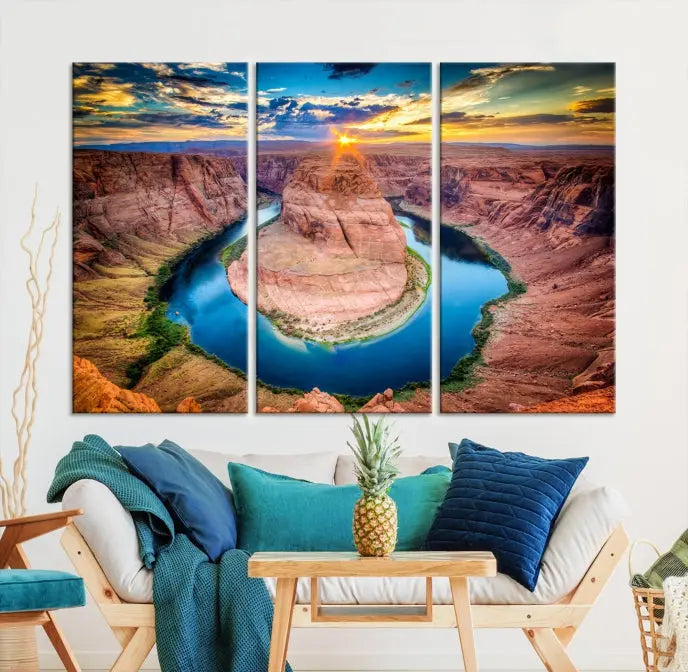 The living room showcases a triptych wall art titled "Sunset on the Horseshoe Bend Grand Canyon National Park," printed on museum-quality canvas. The gallery-wrapped artwork offers a sleek appearance.