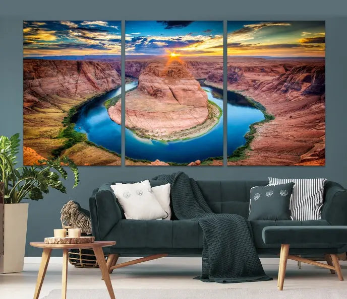 The living room showcases a triptych wall art titled "Sunset on the Horseshoe Bend Grand Canyon National Park," printed on museum-quality canvas. The gallery-wrapped artwork offers a sleek appearance.