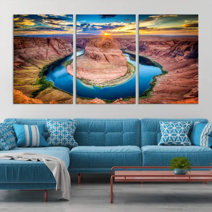 The living room showcases a triptych wall art titled "Sunset on the Horseshoe Bend Grand Canyon National Park," printed on museum-quality canvas. The gallery-wrapped artwork offers a sleek appearance.