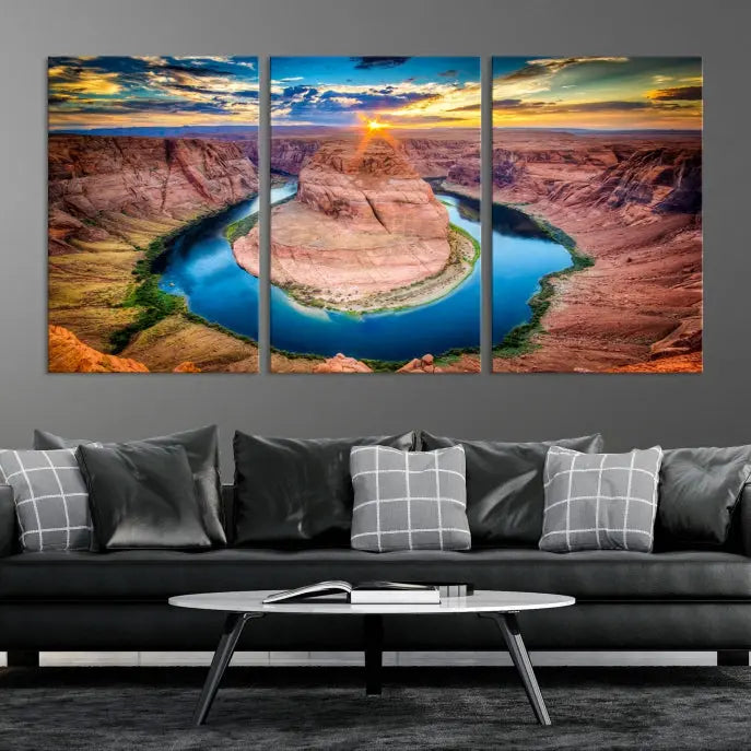 The living room showcases a triptych wall art titled "Sunset on the Horseshoe Bend Grand Canyon National Park," printed on museum-quality canvas. The gallery-wrapped artwork offers a sleek appearance.