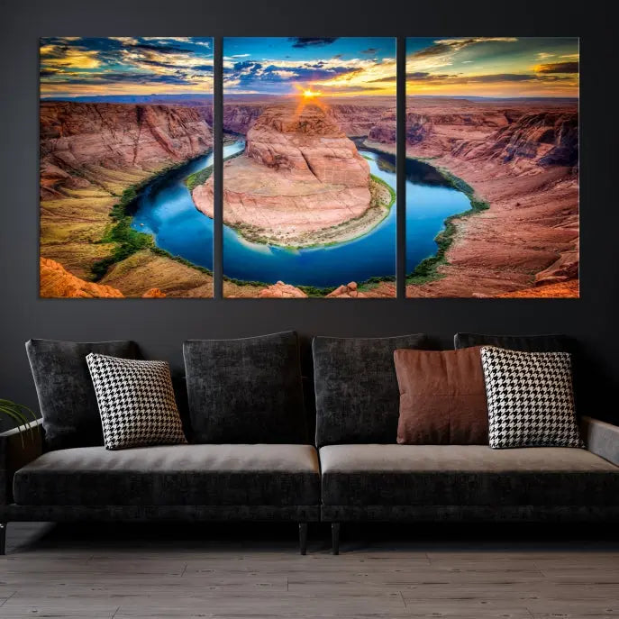 The living room showcases a triptych wall art titled "Sunset on the Horseshoe Bend Grand Canyon National Park," printed on museum-quality canvas. The gallery-wrapped artwork offers a sleek appearance.