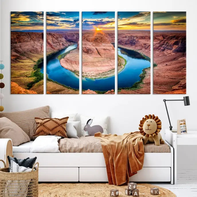 The living room showcases a triptych wall art titled "Sunset on the Horseshoe Bend Grand Canyon National Park," printed on museum-quality canvas. The gallery-wrapped artwork offers a sleek appearance.