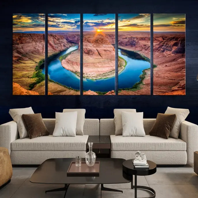 The living room showcases a triptych wall art titled "Sunset on the Horseshoe Bend Grand Canyon National Park," printed on museum-quality canvas. The gallery-wrapped artwork offers a sleek appearance.