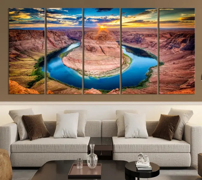 The living room showcases a triptych wall art titled "Sunset on the Horseshoe Bend Grand Canyon National Park," printed on museum-quality canvas. The gallery-wrapped artwork offers a sleek appearance.