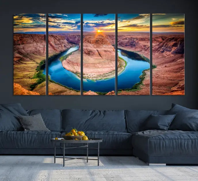 The living room showcases a triptych wall art titled "Sunset on the Horseshoe Bend Grand Canyon National Park," printed on museum-quality canvas. The gallery-wrapped artwork offers a sleek appearance.