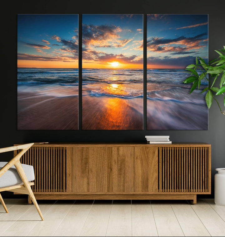 Sunset on the Ocean Beach with Waves, Reflections on Sand, Coastal Wall Art Print, Beach Wall Art, Ocean Sunset Canvas, Seascape Giclee
