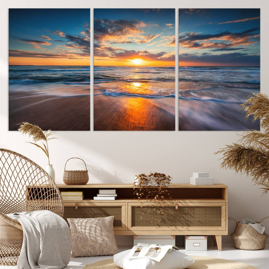 72719-MGV-CV-36X24-Sunset on the Ocean Beach with Waves, Reflections on Sand, Coastal Wall Art Print, Beach Wall Art, Ocean Sunset Canvas, Seascape Giclee