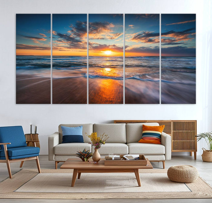 72719-MGV-CV-36X24-Sunset on the Ocean Beach with Waves, Reflections on Sand, Coastal Wall Art Print, Beach Wall Art, Ocean Sunset Canvas, Seascape Giclee