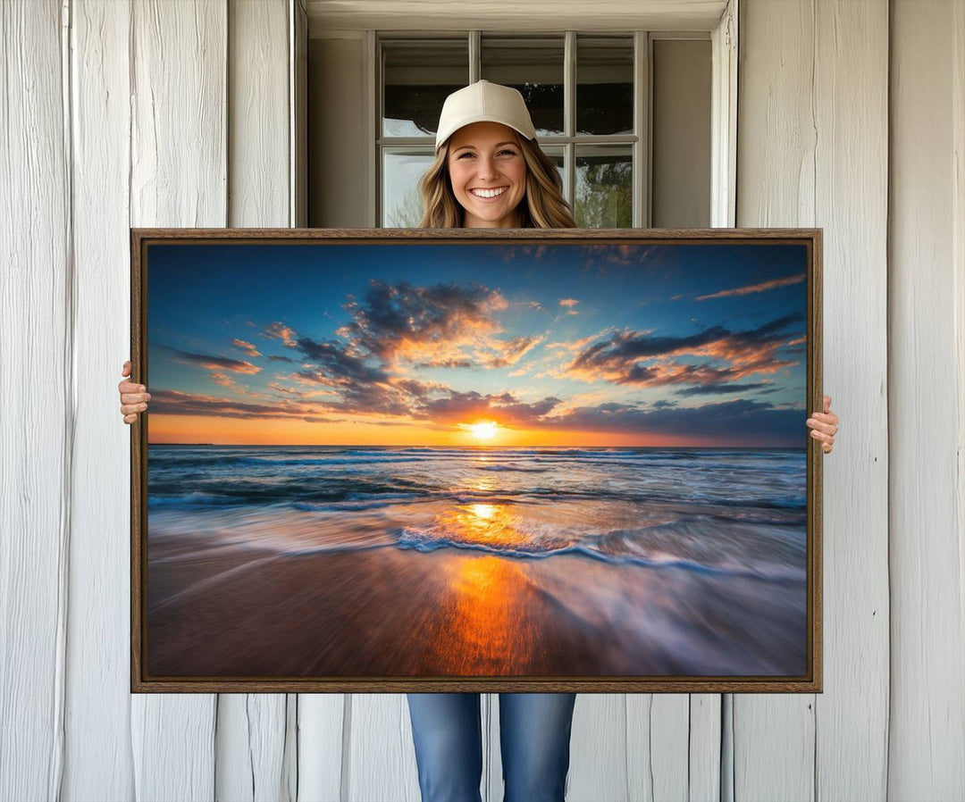 72719-MGV-CV-36X24-Sunset on the Ocean Beach with Waves, Reflections on Sand, Coastal Wall Art Print, Beach Wall Art, Ocean Sunset Canvas, Seascape Giclee