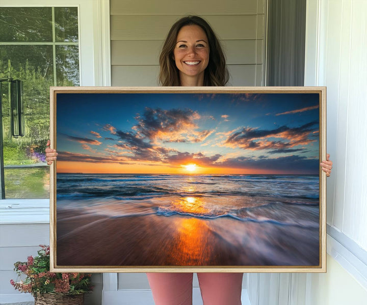 72719-MGV-CV-36X24-Sunset on the Ocean Beach with Waves, Reflections on Sand, Coastal Wall Art Print, Beach Wall Art, Ocean Sunset Canvas, Seascape Giclee