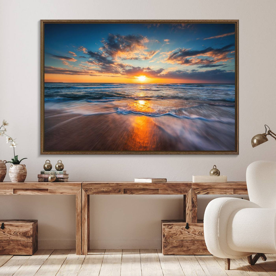 72719-MGV-FC-36X24_Walnut-Sunset on the Ocean Beach with Waves, Reflections on Sand, Coastal Wall Art Print, Beach Wall Art, Ocean Sunset Canvas, Seascape Giclee