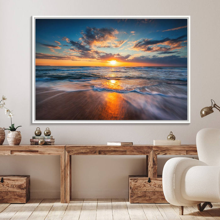 72719-MGV-FC-36X24_White-Sunset on the Ocean Beach with Waves, Reflections on Sand, Coastal Wall Art Print, Beach Wall Art, Ocean Sunset Canvas, Seascape Giclee