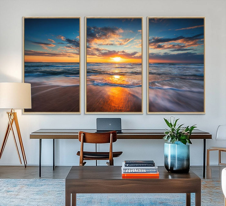72719-MGV-FC-48X32-3P_Natural-Sunset on the Ocean Beach with Waves, Reflections on Sand, Coastal Wall Art Print, Beach Wall Art, Ocean Sunset Canvas, Seascape Giclee
