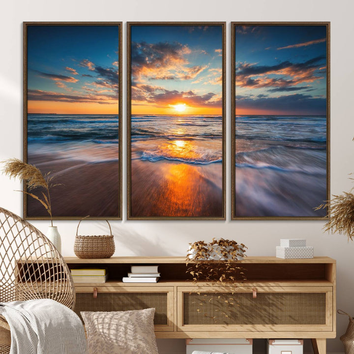 72719-MGV-FC-48X32-3P_Walnut-Sunset on the Ocean Beach with Waves, Reflections on Sand, Coastal Wall Art Print, Beach Wall Art, Ocean Sunset Canvas, Seascape Giclee