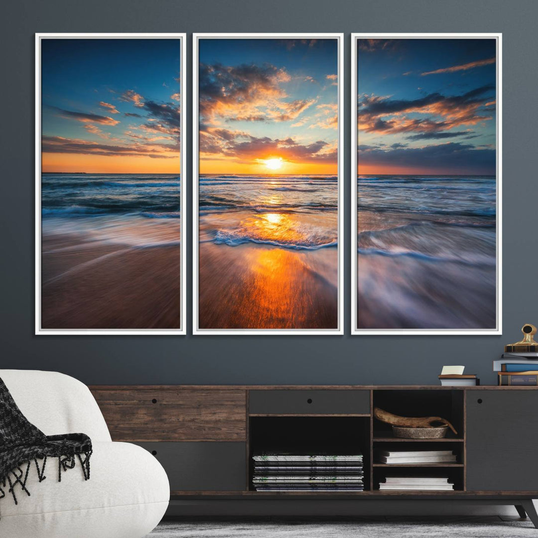 72719-MGV-FC-48X32-3P_White-Sunset on the Ocean Beach with Waves, Reflections on Sand, Coastal Wall Art Print, Beach Wall Art, Ocean Sunset Canvas, Seascape Giclee