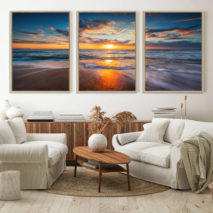 72719-MGV-FC-60X30-3P_Natural-Sunset on the Ocean Beach with Waves, Reflections on Sand, Coastal Wall Art Print, Beach Wall Art, Ocean Sunset Canvas, Seascape Giclee