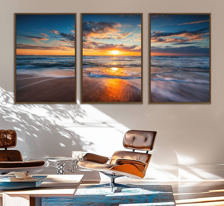 72719-MGV-FC-60X30-3P_Walnut-Sunset on the Ocean Beach with Waves, Reflections on Sand, Coastal Wall Art Print, Beach Wall Art, Ocean Sunset Canvas, Seascape Giclee